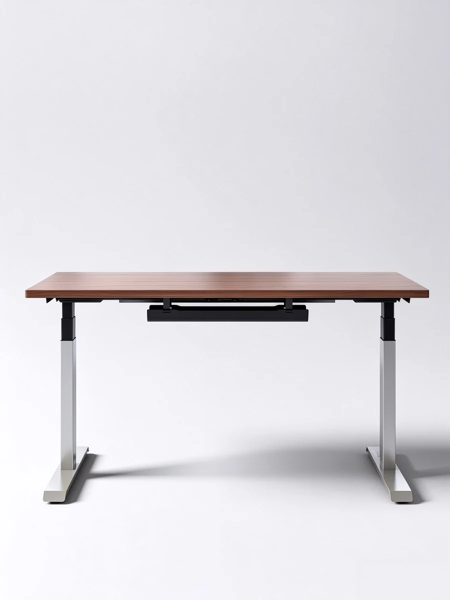 Standing desk with walnut top and silver frame